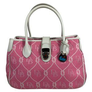 DOONEY BOURKE Pink/Off-White Canvas DB Logo Satchel Handbag Leather Trim + Charm